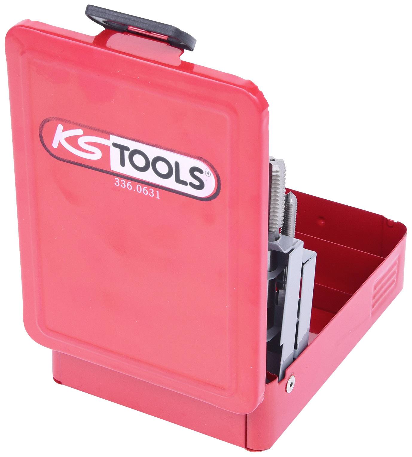 Piros műanyag szerszámosláda 'KS Tools' logóval. A fedél felnyitva, láthatók a szerszámok tárolására szolgáló rekeszek.