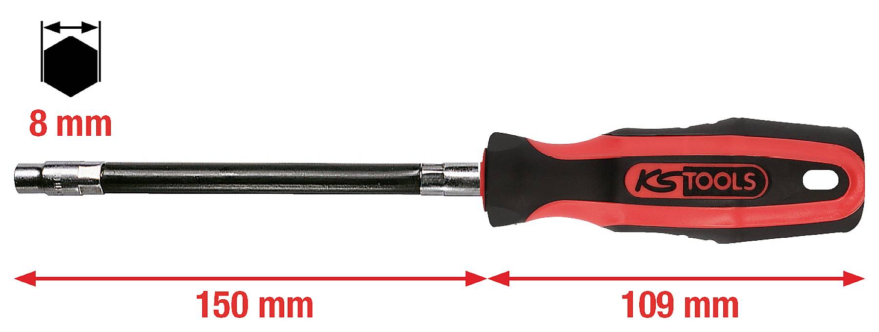 8 mm-es hatszögű, fekete foganytyúval rendelkező dugókulcsos csavarhúzó, 150 mm-es szár hosszúsággal, teljes hossz 259 mm.