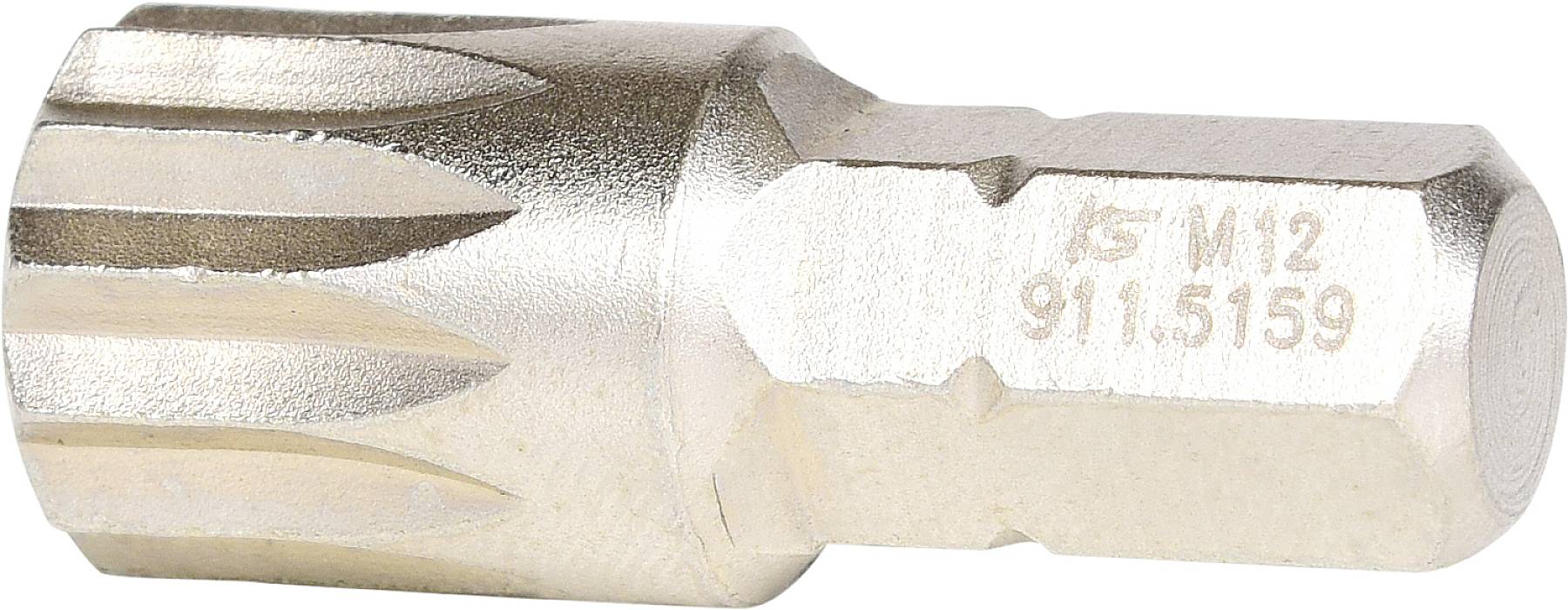 Egy ezüstszínű csavarhegy-bit M12 911.5159 gravírozással. A bit recézett felülettel rendelkezik kézi vagy elektromos szerszámokhoz történő használatra.
