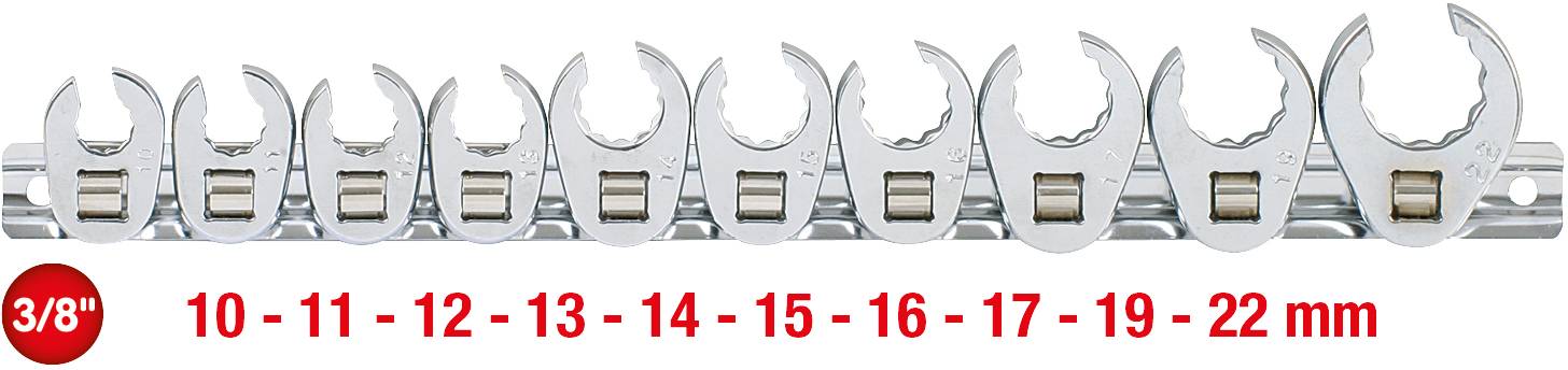 Tíz állítható villáskulcs fej különböző méretekben 10-től 22 mm-ig egy tartón, 3/8 hüvelykes csatlakozással.