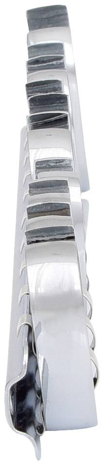 Közeli felvétel egy ezüstös, fémes tárgyról, amelynek több hajlított eleme van, valószínűleg egy gép vagy szerszám alkatrésze.