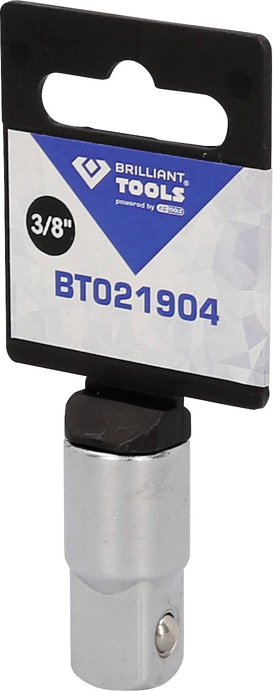 Brilliant Tools BT021904 adapter 3/8 hüvelykes dugókulcshoz. Ezüstszínű fém fekete műanyag fogófejjel.