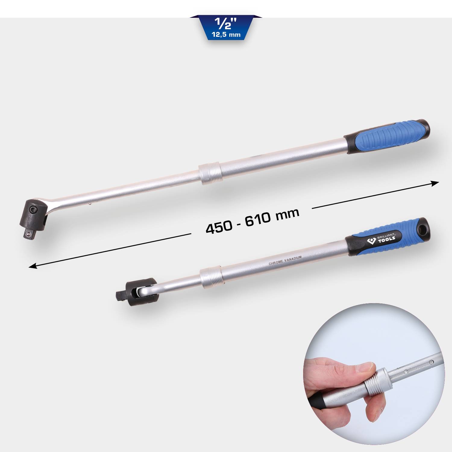 Egy 450-610 mm hosszúságban teleszkóposan állítható nyomatékkulcs 1/2 hüvelykes csatlakozással, kék markolattal, amelynek karját kézzel lehet beállítani.