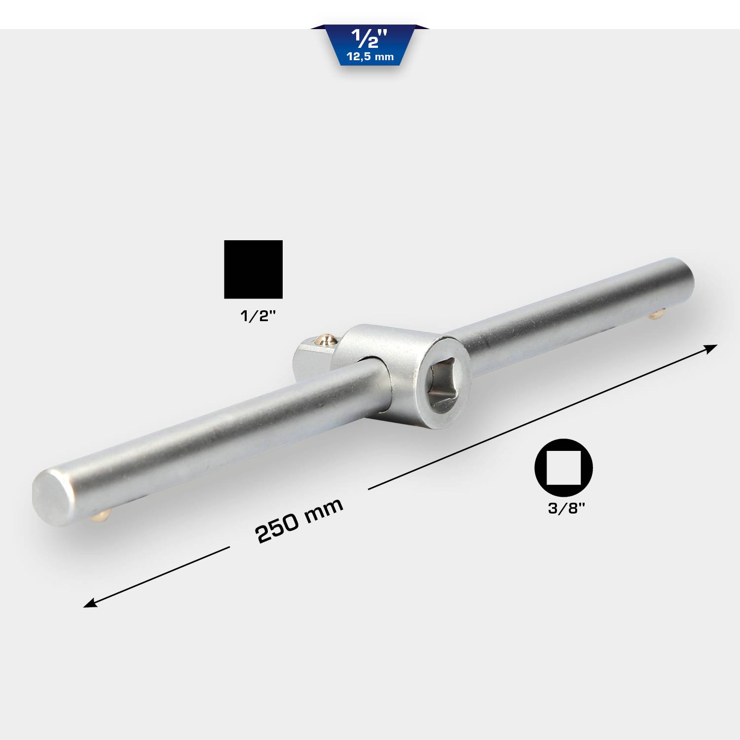Emelőkar 1/2" és 3/8" csatlakozásokkal, teljes hossz 250 mm. A diagram méretarányokat és a csatlakozások részleteit mutatja.