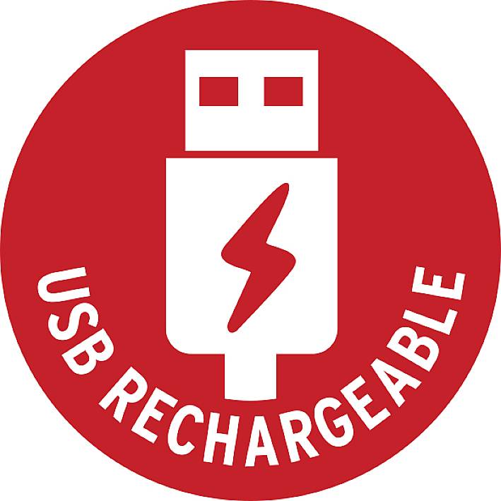 Egy piros szimbólum, amelynek közepén USB-jel és egy villám látható, körülvéve a 'USB TÖLTHETŐ' felirattal, amely újratölthető eszközökre utal.