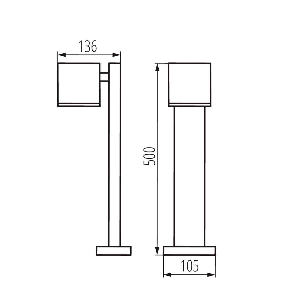 Műszaki rajz egy lámpáról méretekkel: magasság 500 mm, alsó szélesség 105 mm, felső szélesség 136 mm. Elölnézetet és oldalnézetet mutat.