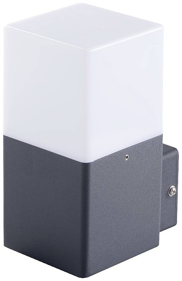 Egy modern, téglalap alakú kültéri fali lámpa. Felső része fehér, alsó része sötétszürke.