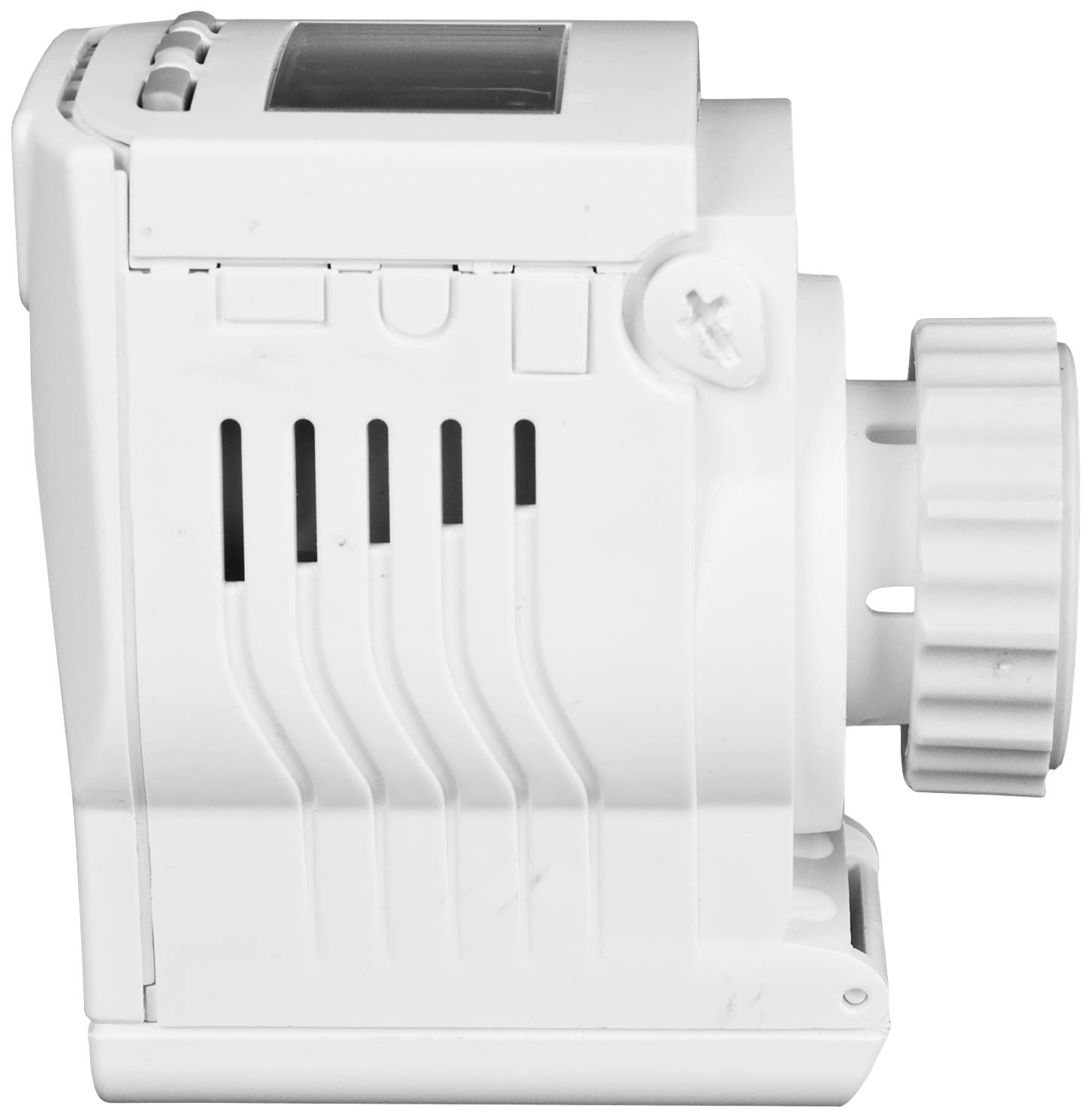 Egy fehér fűtési szelep digitális kijelzővel és oldalról látható forgatógombbal, valószínűleg a hőmérséklet szabályozásához.