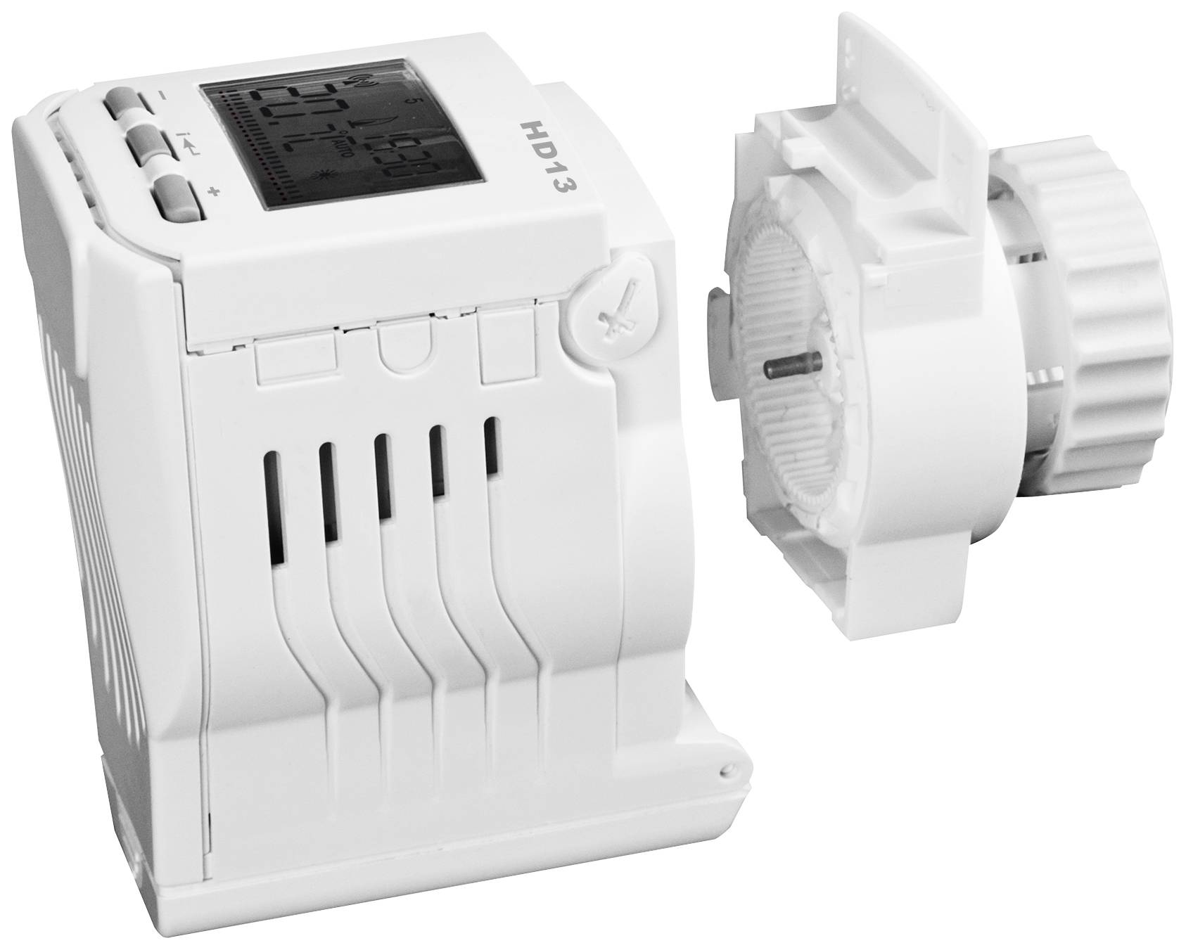 Egy levehető alkatrészekkel rendelkező digitális termosztát. Hőmérsékletet jelenít meg egy kijelzőn. Elsősorban fűtési rendszerekben használatos.