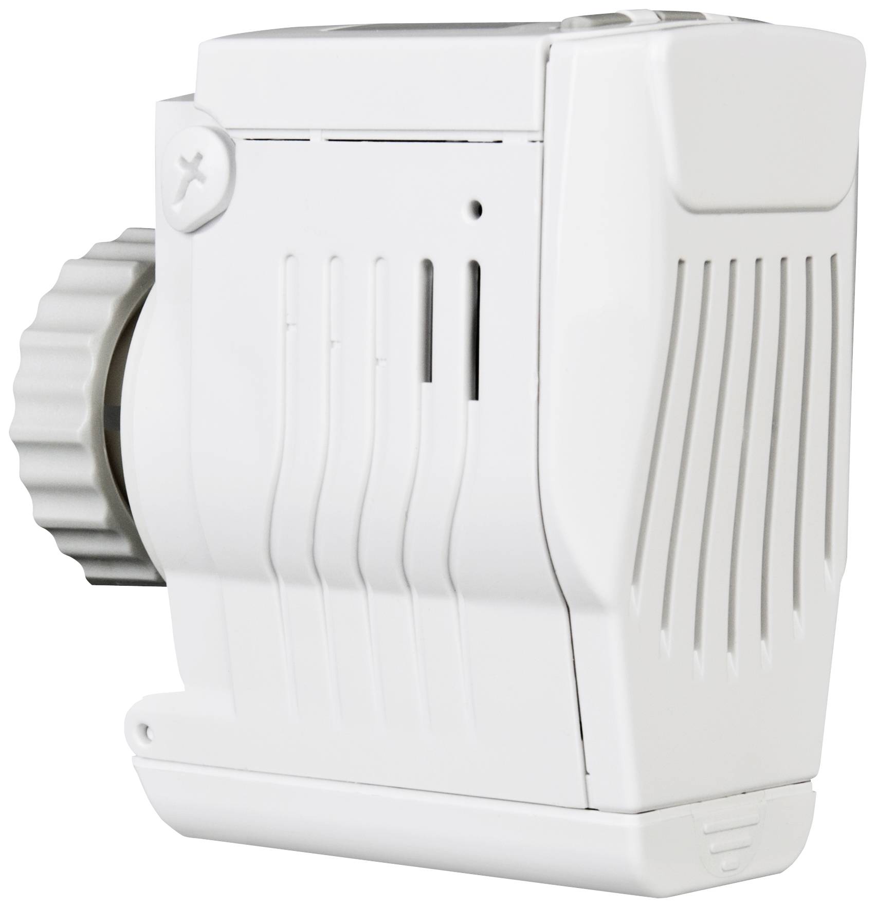 Fehér, téglalap alakú radiátorszelep termosztát, oldalsó szellőzőnyílásokkal és állítható forgatógombbal.