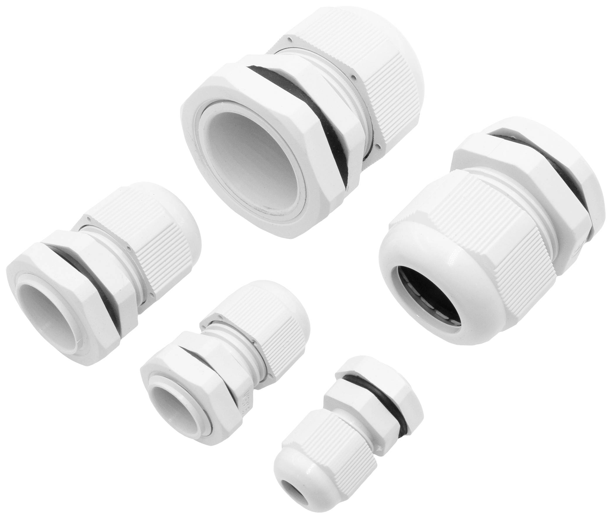 Öt fehér kábelszorító különböző méretekben fehér háttér előtt, oldalnézeti és frontnézeti elrendezésben.