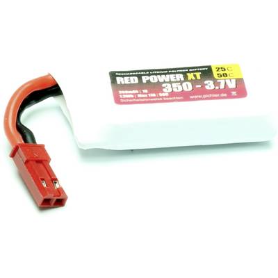 Egy fehér lítium-polimer akkumulátor piros csatlakozóval. Felirata: 'Red Power XT 350 - 3.7V 25C 50C'.