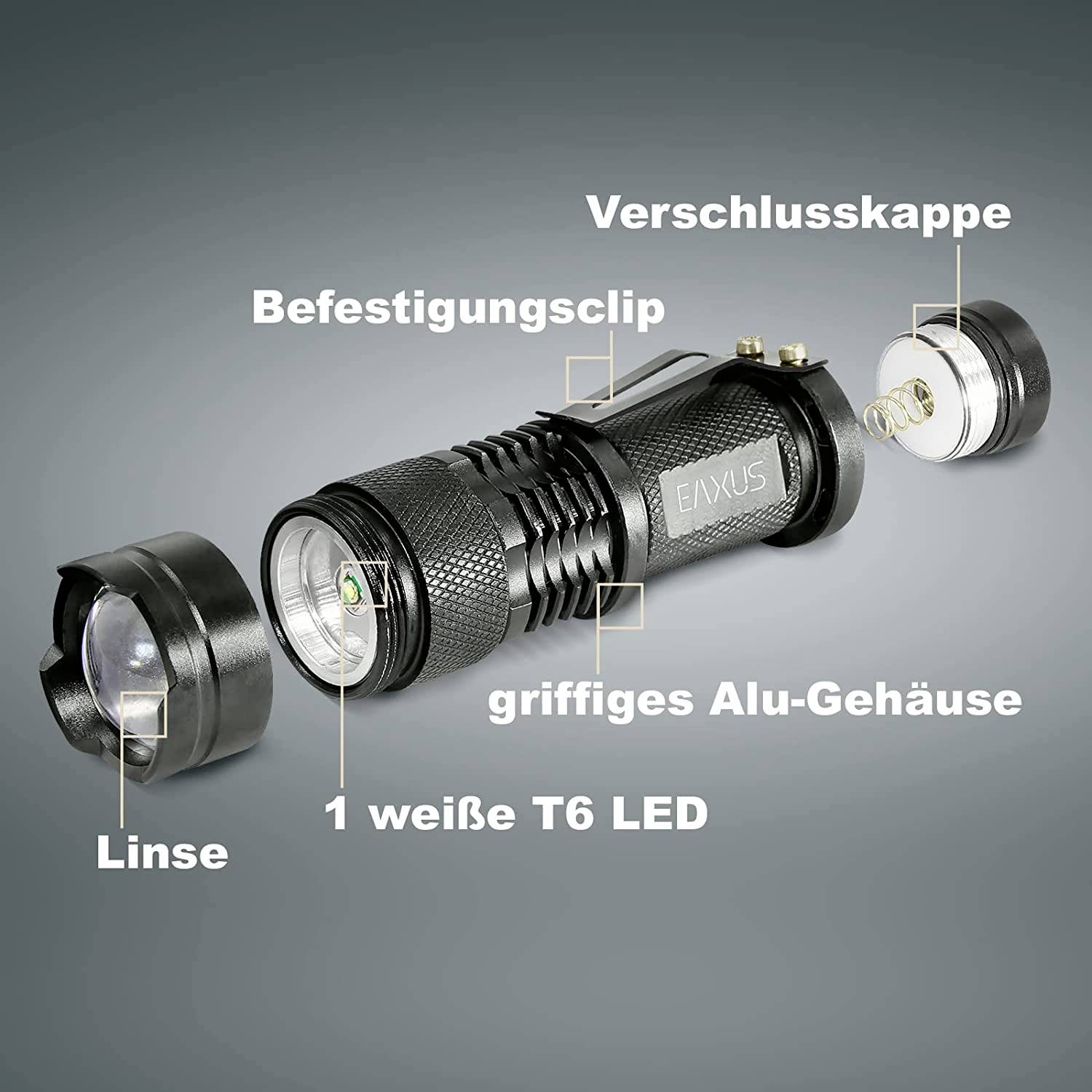 Zseblámpa leszerelt alkatrészekkel: lencse, rögzítőkapocs, zárófedél, fogható alumínium ház, 1 fehér T6 LED.