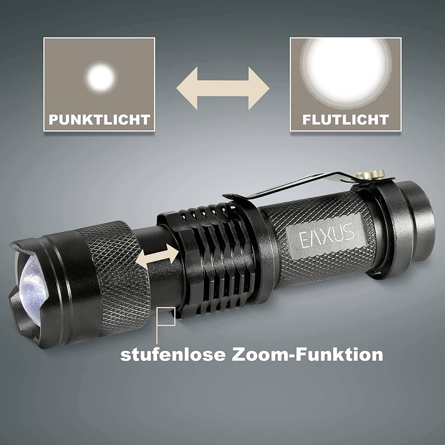 Zseblámpa fokuszálható zoomfunkcióval, amely lehetővé teszi a fénysugár átmenetét a pontszerű fénytől a széles területet megvilágító fényig.