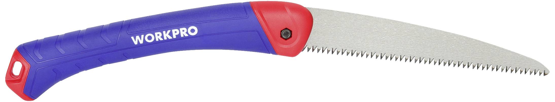 Egy összecsukható fűrész kék és piros tartóval, amelynek márkajelzése a 'WORKPRO' a fogantyún van feltüntetve.