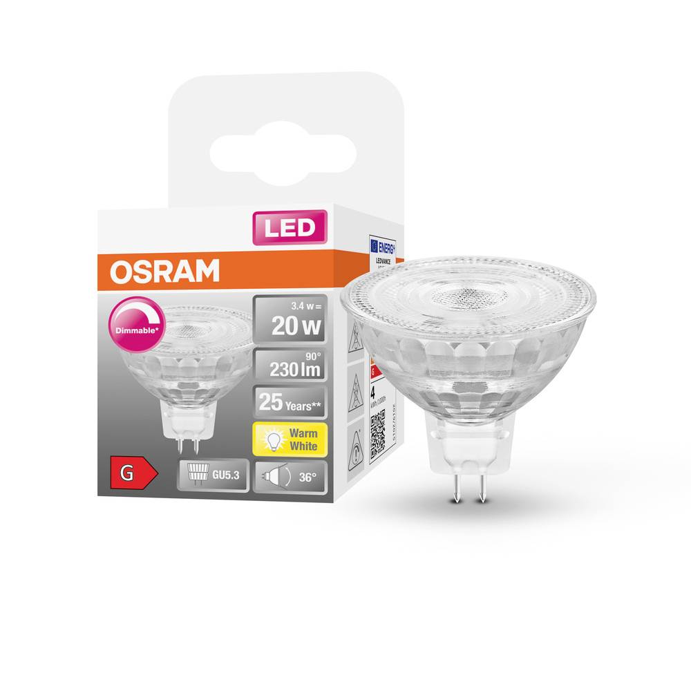 Egy Osram LED-lámpa GU5.3 foglalattal. Műszaki adatok: 20W, 230 lm, meleg fehér, 25 év élettartam, G energiaosztály. A csomag látható.