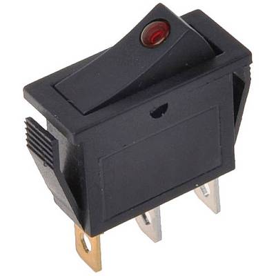 Fekete billenőkapcsoló piros állapotjelző fénnyel a tetején, elektromos készülékekhez alkalmazható.