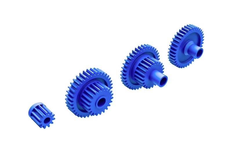 Négy kék fogaskerék, kisebbtől a nagyobbig rendezve, technológiai fejlődést vagy mechanikai folyamatokat szimbolizál.