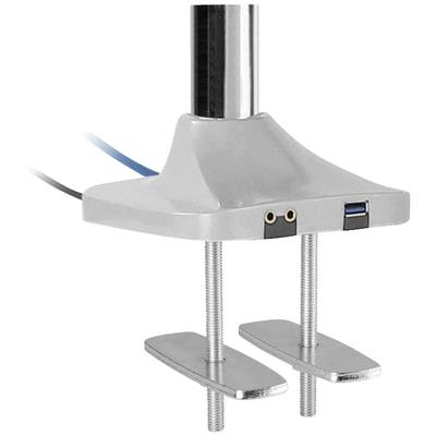 Egy ezüstszínű mikrofonkar állítható asztali bilinccsel és beépített USB- és audió csatlakozóval, amely lapos felületekre történő rögzítésre alkalmas.