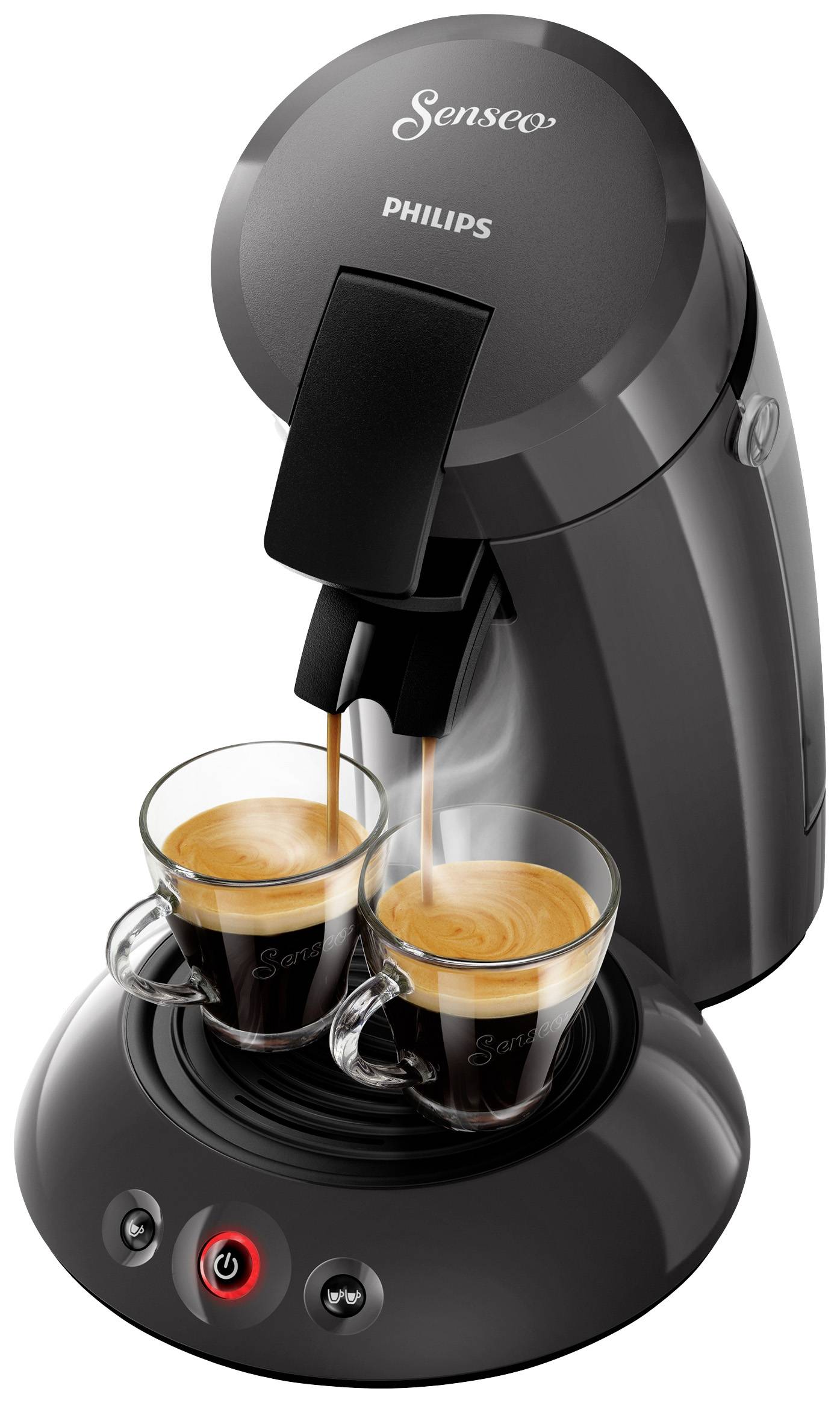 Kávégép üzemben, két espresso csészét főz egyszerre. Fekete dizájn, logókkal megjelölve.