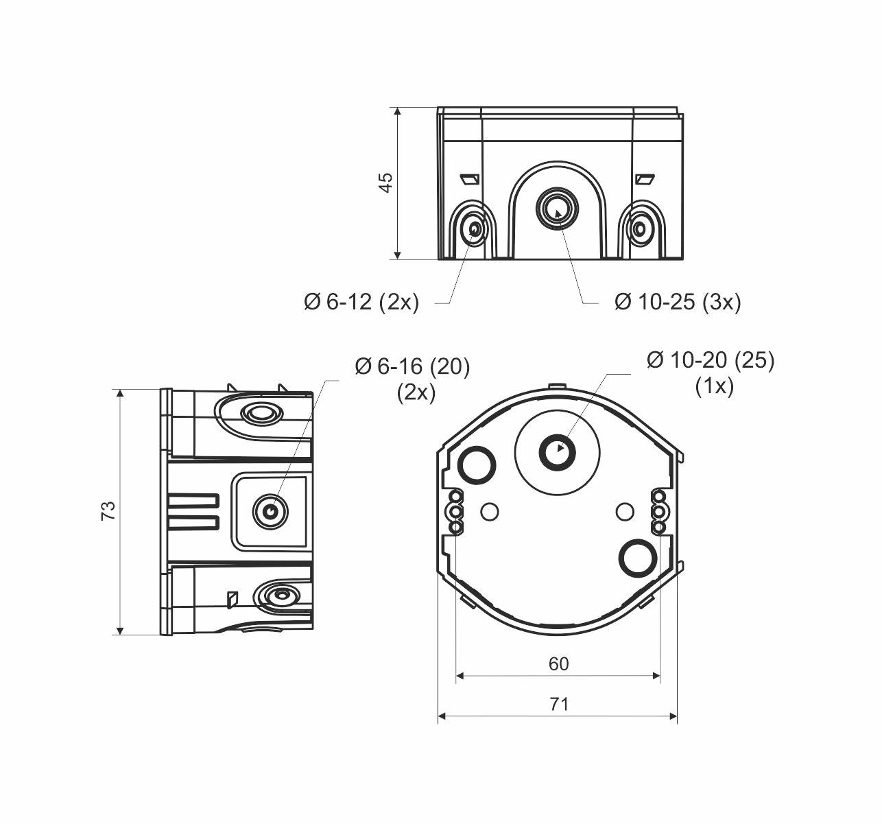 Műszaki rajz egy mechanikai alkatrészről méretmegadással: magasság 73 mm, szélesség 71 mm, különböző furat átmérők feltüntetve.