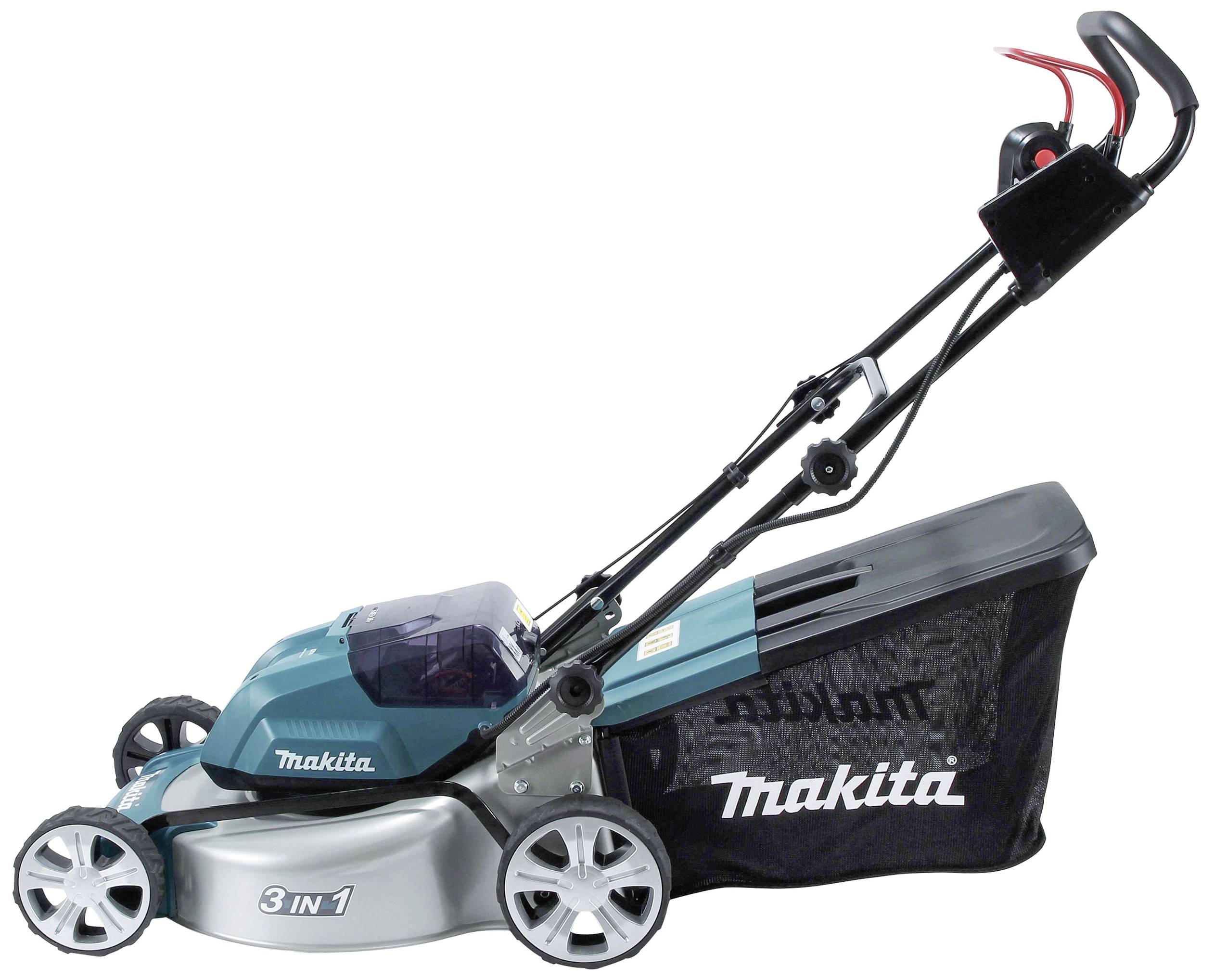 Egy kék-fekete fűnyíró gyűjtőkosárral és fogantyúval, oldalról fényképezve. A 'Makita' márkanév mindkét oldalon látható.