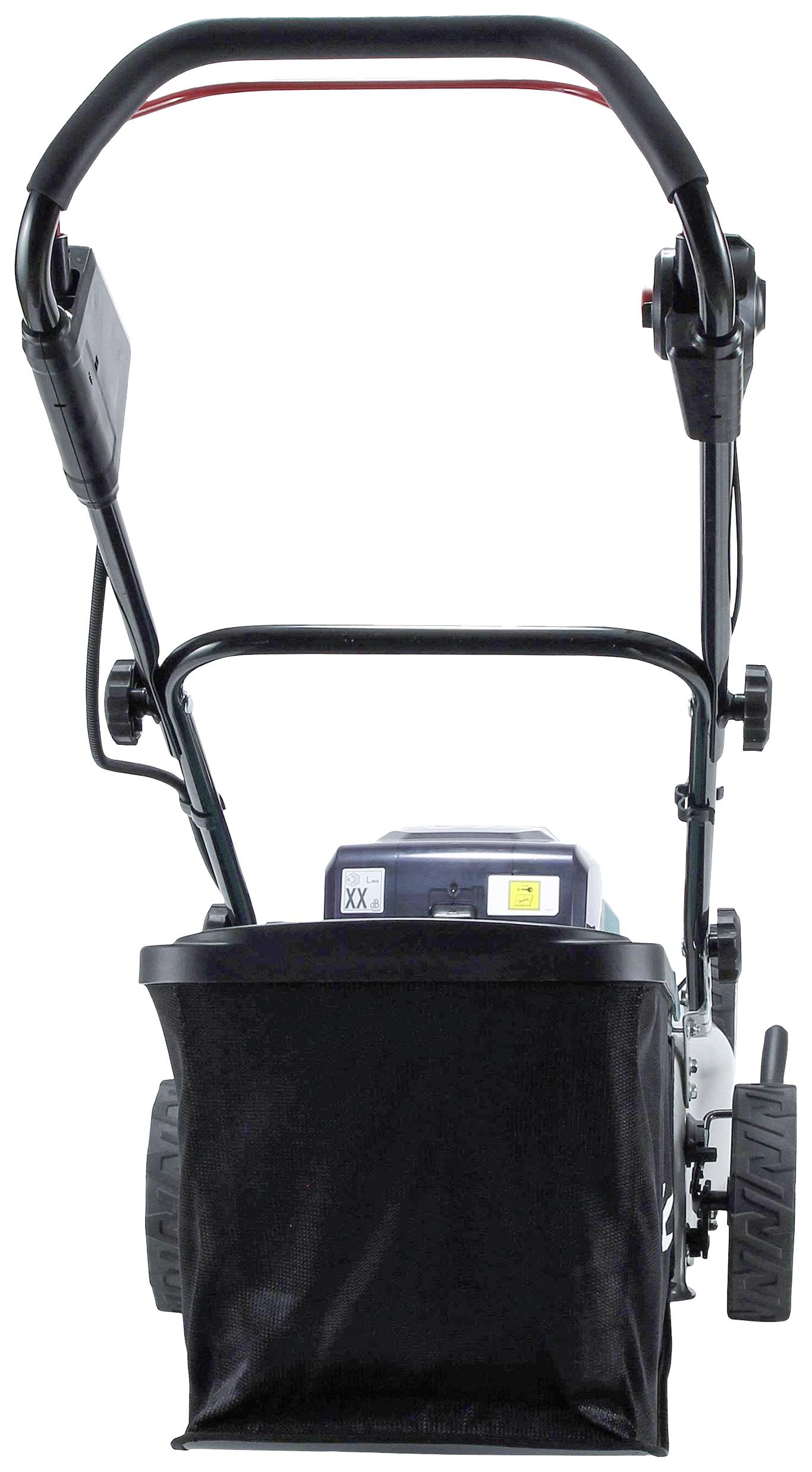 Elektromos fűnyíró hátulnézetben, gyűjtőzsákkal és fogantyúval.