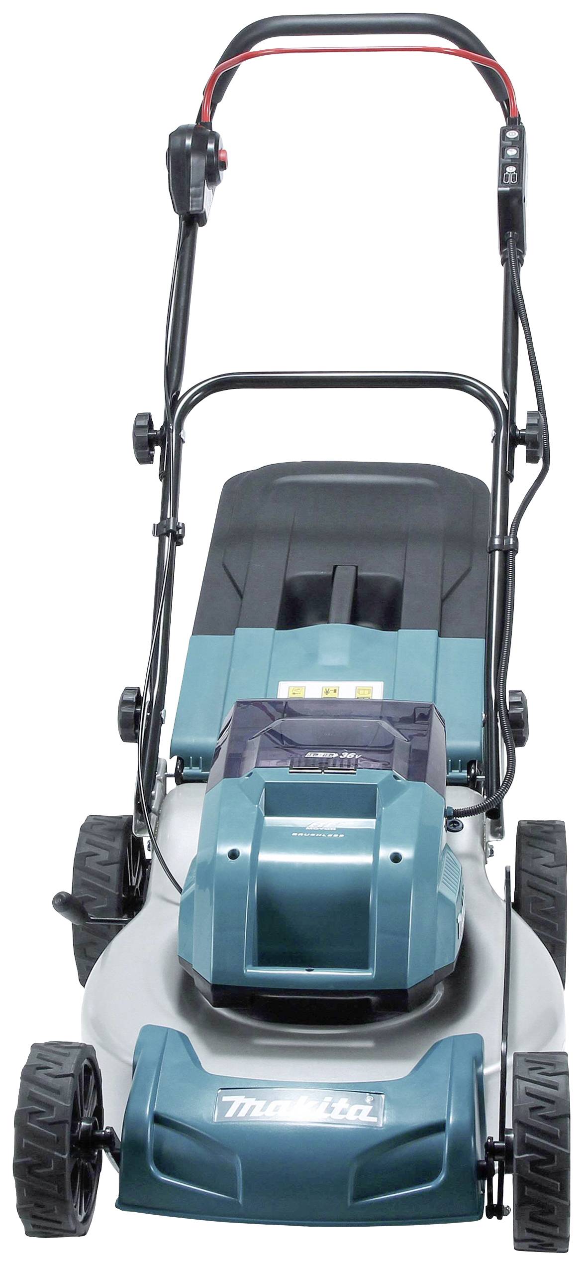 Kék burkolatú fűnyíró, négy kerékkel és fekete markolattal, közepes és nagy méretű gyepterületek nyírására alkalmas.