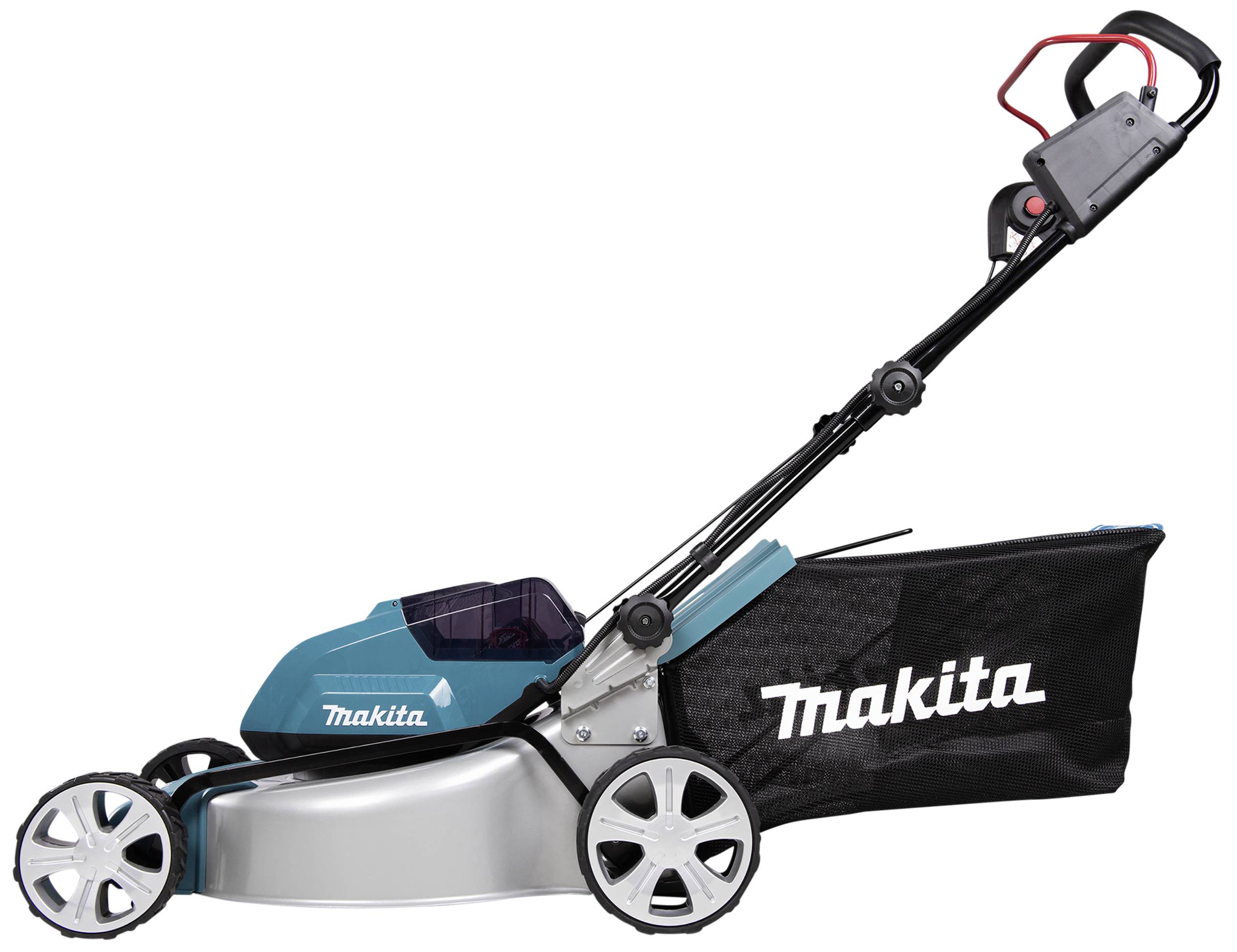 Egy kék házburkolatú, fekete fogantyúval és gyűjtőkosárral rendelkező elektromos fűnyíró. A márka 'Makita'.