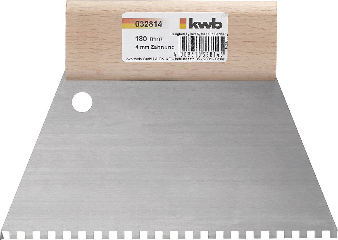 Fémfogú spatulya fa nyéllel és fogazott acélpengével, 180 mm széles, 4 mm-es fogazat. Gyártja a kwb tools Németországban.