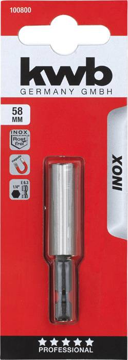 'KWB Germany GMBH' Csomagolás 58mm-es Inox fúróval, speciálisan kemény anyagokhoz tervezve. A csomagolás ismerteti a minőséget és a felhasználást.