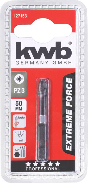 A 'kwb Germany GmbH' által gyártott, PZ3-as, 50 mm-es, professzionális felhasználásra szánt csavarozó bit, 'Extreme Force' sorozat, csavart kialakítással.