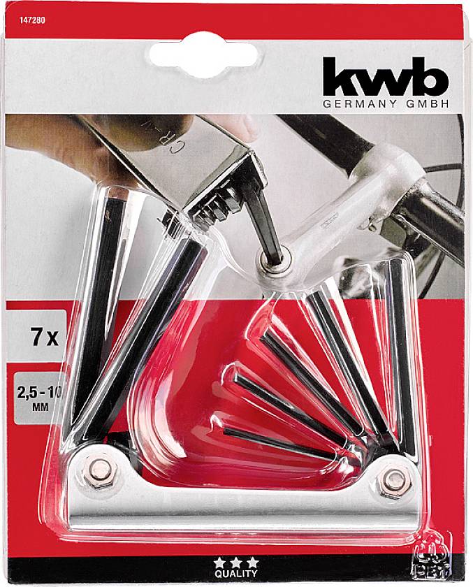 Csomag, amely tartalmaz egy 7 darabos, 2,5-10 mm méretű, összehajtható imbuszkulcs-készletet a 'kwb GERMANY GMBH' márka termékeként, kerékpár-javításhoz.