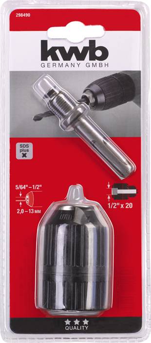 Egy gyorsszorítós tokmány adapter, SDS-plus fúrógépekhez alkalmas kivitelben. Márkajelzés: 'kwb Germany GmbH'.