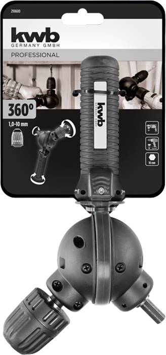 Fúrógép adapter, lehetővé teszi a 360°-os beállítást. Alkalmas 1,0-10 mm-es fúrófejekhez. Márkalogóval és termékképpel ellátott csomagolás.