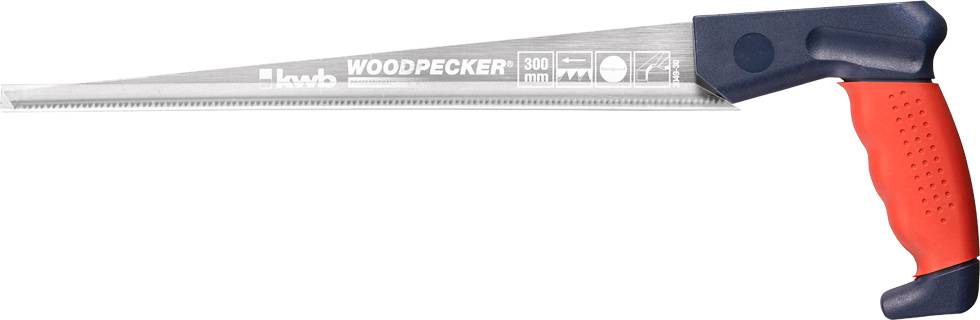 Piros nyéllel és ezüst pengével rendelkező kézi fűrész, amelyen a 'Woodpecker 300 mm' felirat olvasható. Alkalmas faipari munkákhoz.