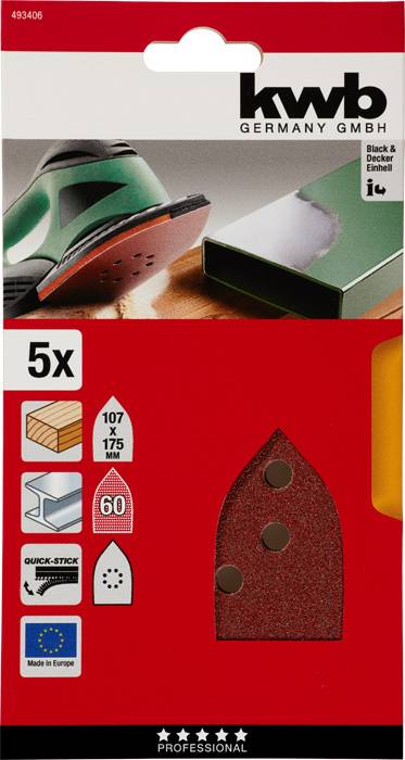 Csiszolópapír lap csomag rezgőcsiszológéphez; öt darab fa csiszolólapot tartalmaz, 107 x 175 mm méretben, 60-as szemcsemérettel.