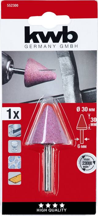 KWB csiszolókúp egy csomagoláson ábrázolva. Méretei: 30 mm átmérő, 30 mm magasság, 6 mm szár. Fémek megmunkálására alkalmas.