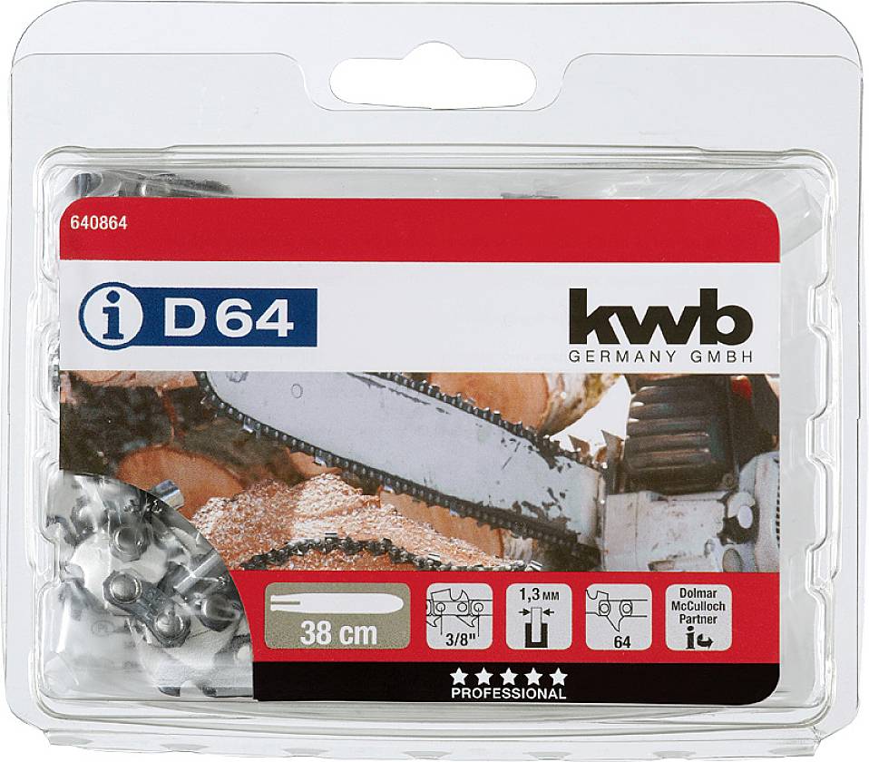 Láncfűrész lánc csomagolásban, kompatibilis 38 cm-es láncfűrészekhez, 1,3 mm vastagság, 3/8" osztás, 64 láncszem. Márka: KWB Germany.