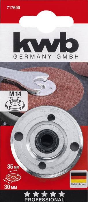 A 'kwb Germany GmbH' csiszolókorong-befogó csomagolása, M14 menettel, 35 mm átmérővel és 30 mm magassággal, Németországban gyártva.