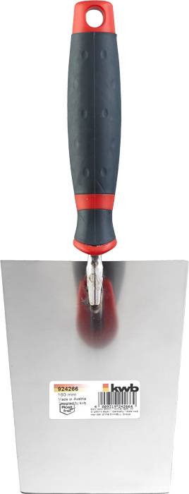 Fekete fogóval és piros részlettel ellátott kőműveskanál, alján egy címke gyártói információkkal.
