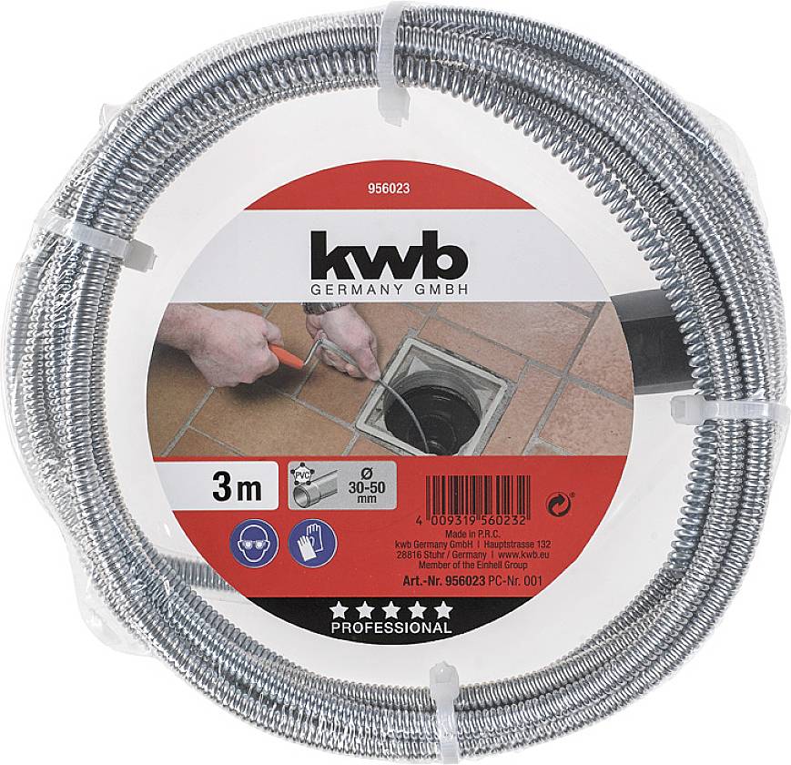 A kwb spirál alakú lefolyótisztító spirál, 3 méter hosszú, 30-50 mm átmérőjű csövekhez. A kép egy lefolyó tisztítását mutatja.