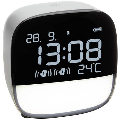 Fekete digitális óra mutatja a dátumot '28.9.', a hétnapot 'Ke', az időt '13:08', a hőmérsékletet '24°C' és két ébresztési jelzést.