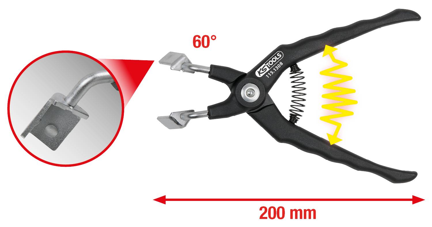 Egy 60 fokos nyitási szöggel, 200 mm hosszúsággal rendelkező fogó, amelynek speciális szorítóit egy részletrajz emeli ki.