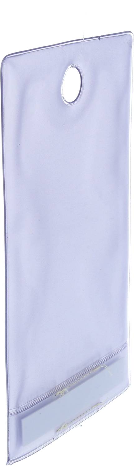 Egy áttetsző, lila árnyalatú műanyag csomagolás felül ovális nyílással. Üres, és téglalap alakú.