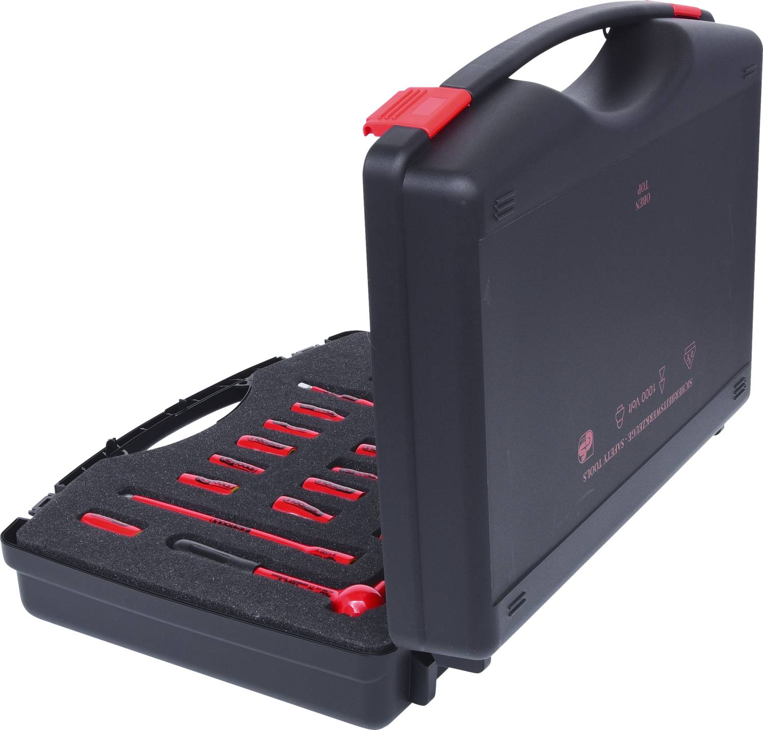 Egy fekete szerszámosláda piros részletekkel, kinyitva és különböző piros szerszámokat mutat a habszivacs betétekben kialakított formákban.