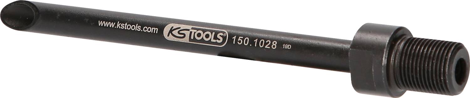 Egy KS Tools gyártmányú fekete acélcsavar, 150.1028-as modellszámmal, menettel az egyik végén, mechanikai alkalmazásokhoz.