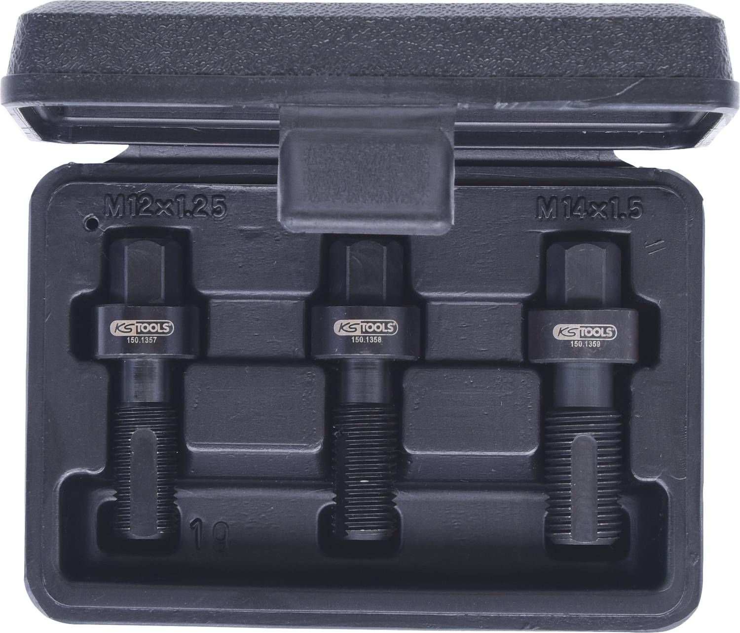 Három csavarkirúgó egy fekete műanyag dobozban. Méretek: M12x1,25, M14x1,25, M14x1,5. Jelölés: KS TOOLS.