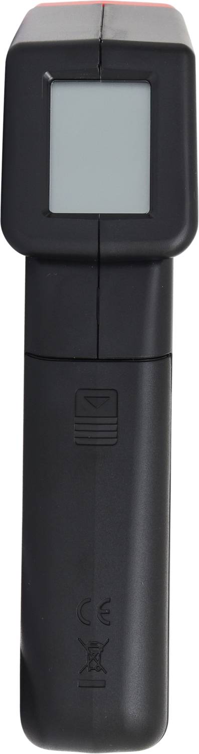 Egy fekete, kézben tartható lézeres távolságmérő négyzet alakú kijelzővel.