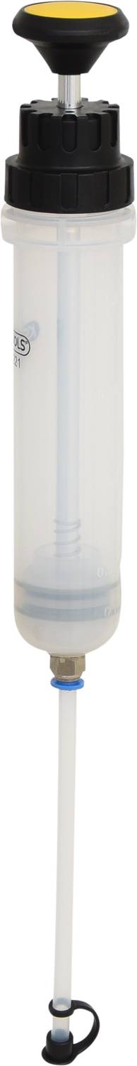 Átlátszó folyadékszivattyú fekete fogantyúval, alkalmas precíziós felhasználásra vagy laboratóriumi célokra.